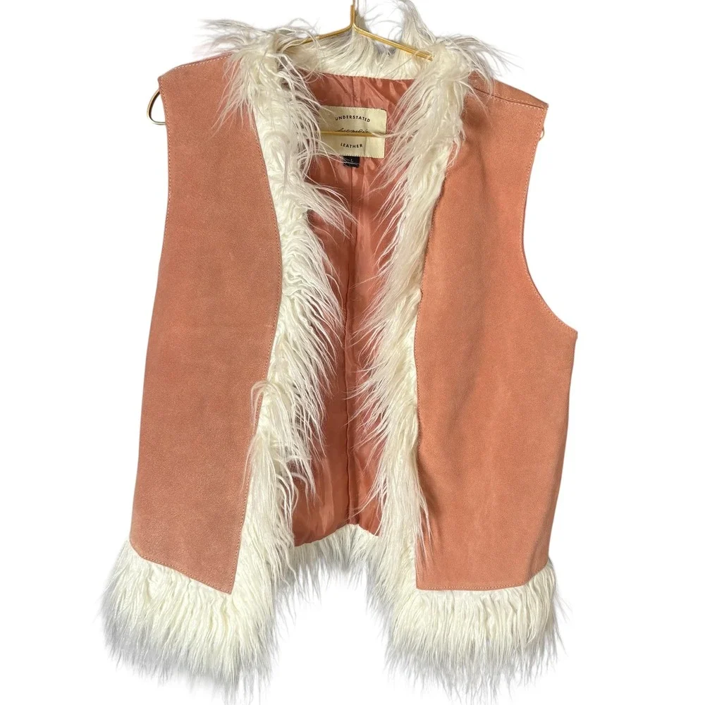 Free People Leather Vest Faux Fur Trimmed Peach Boho Festival‎ L